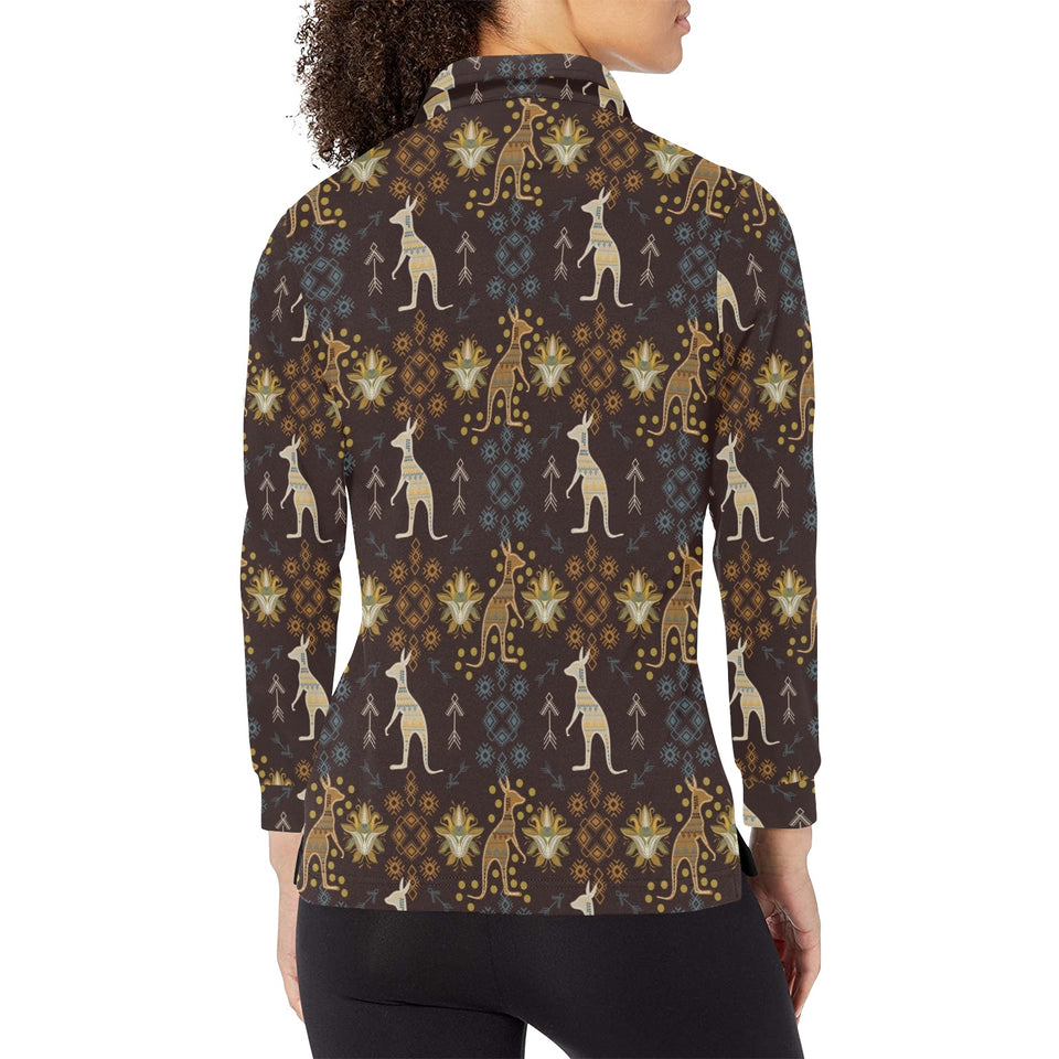 Kangaroo Aboriginal Theme Pattern Women's Long Sleeve Polo Shirt