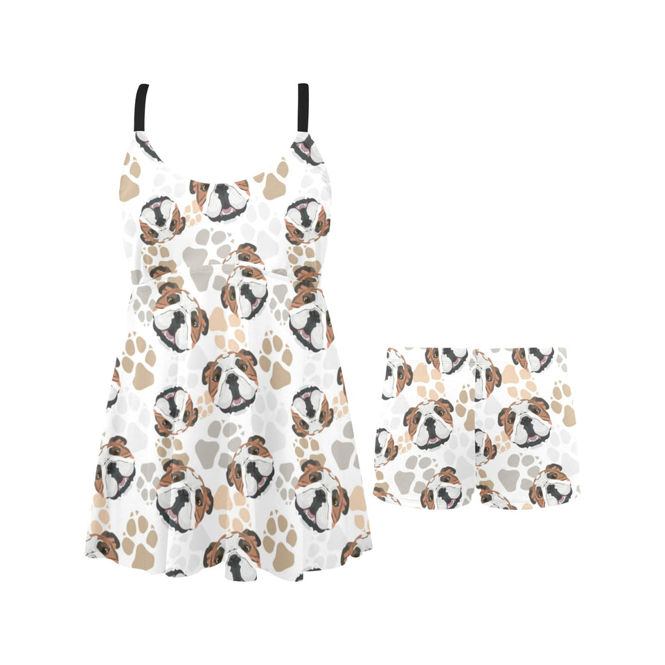 English Bulldog Pattern Print Design 01 Chest Sexy Pleated Two Piece Swim Dress