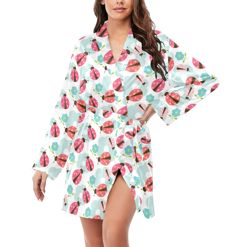 Ladybug Pattern Print Design 03 Women's Long Sleeve Belted Night Robe