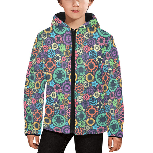 Gear Pattern Print Design 02 Kids' Boys' Girls' Padded Hooded Jacket