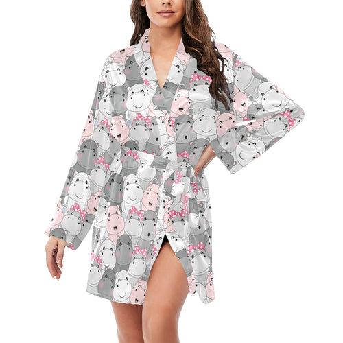 Hippopotamus Pattern Print Design 03 Women's Long Sleeve Belted Night Robe