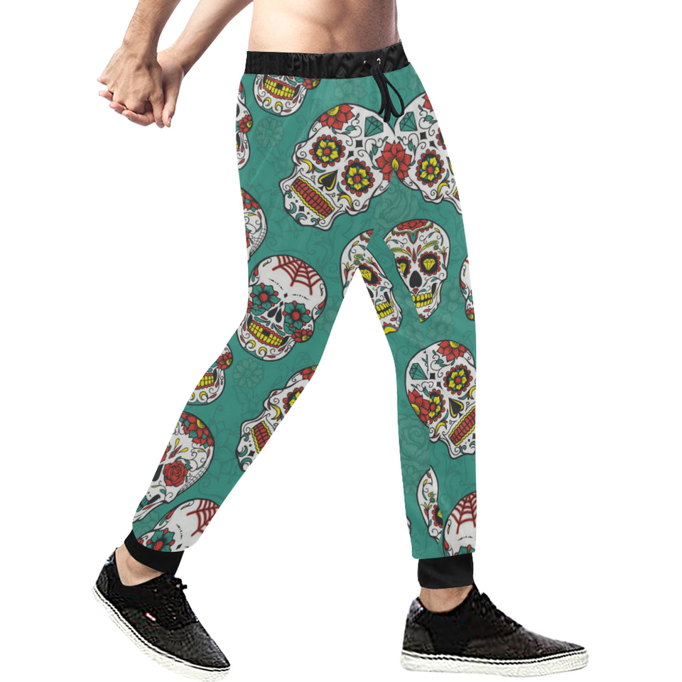 Suger Skull Pattern Green Background Unisex Casual Sweatpants