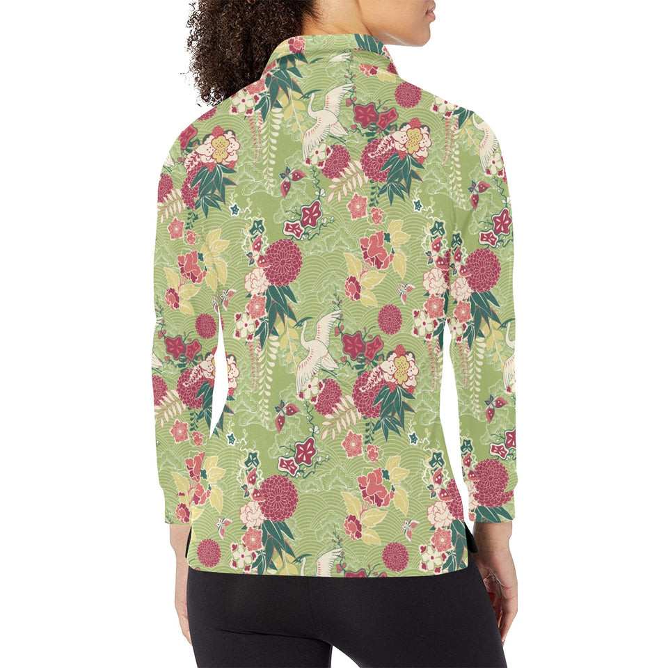 Japanese Crane Green Theme Pattern Women's Long Sleeve Polo Shirt