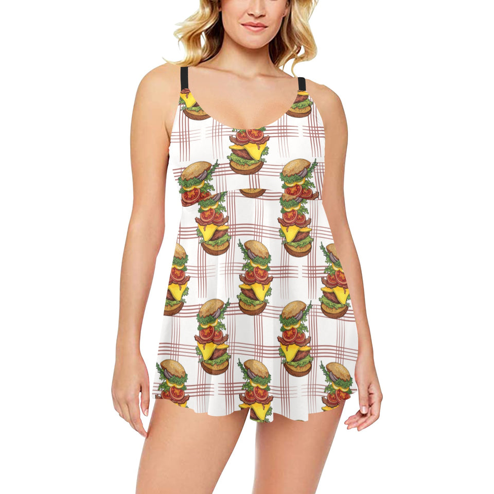 Hamburger Pattern Print Design 03 Chest Sexy Pleated Two Piece Swim Dress