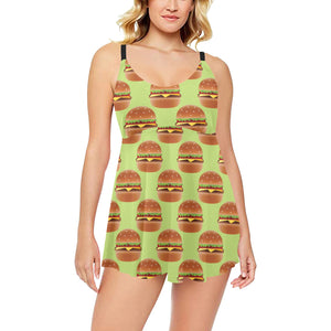 Hamburger Pattern Print Design 02 Chest Sexy Pleated Two Piece Swim Dress