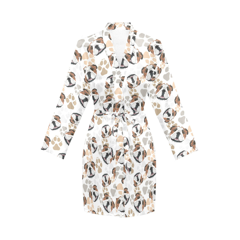 English Bulldog Pattern Print Design 01 Women's Long Sleeve Belted Night Robe