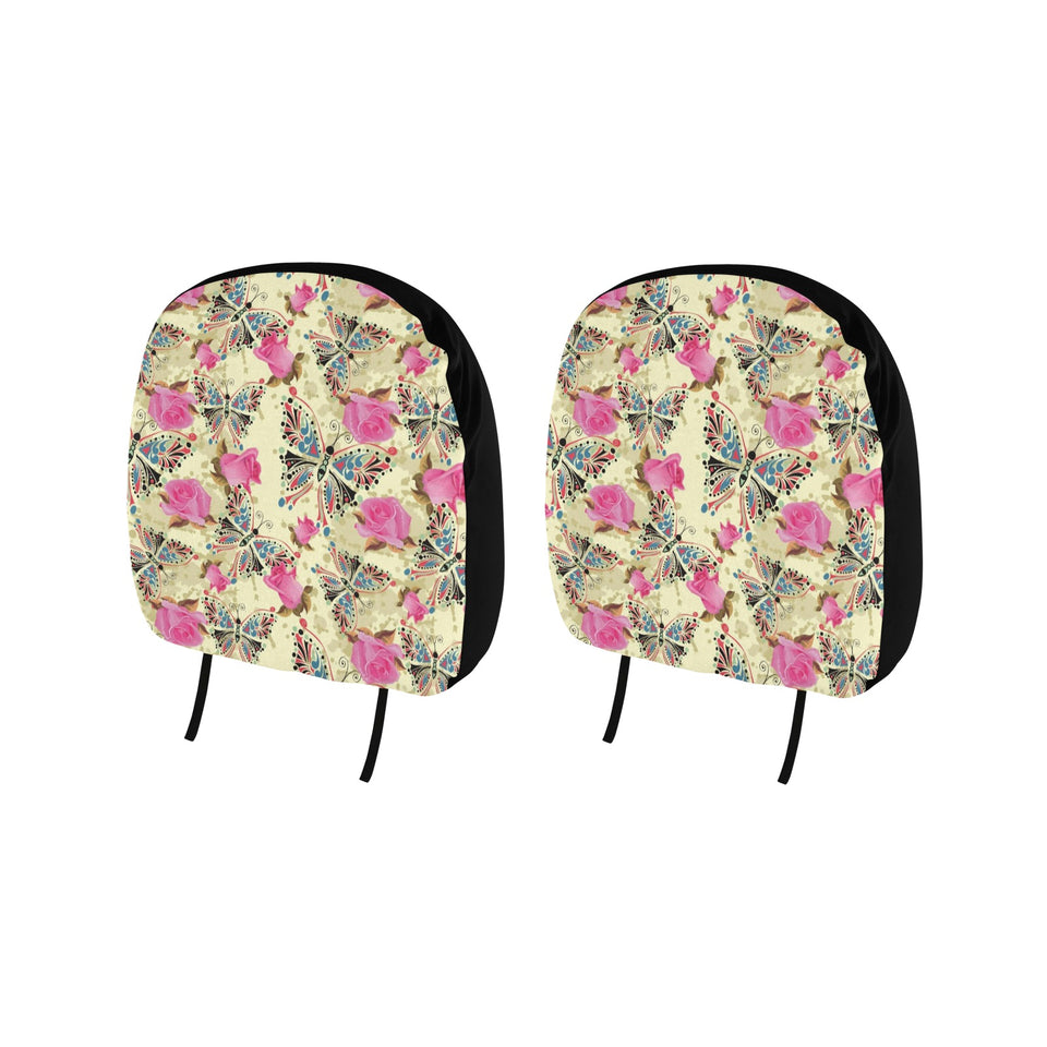 Butterfly Pink Rose Pattern Car Headrest Cover