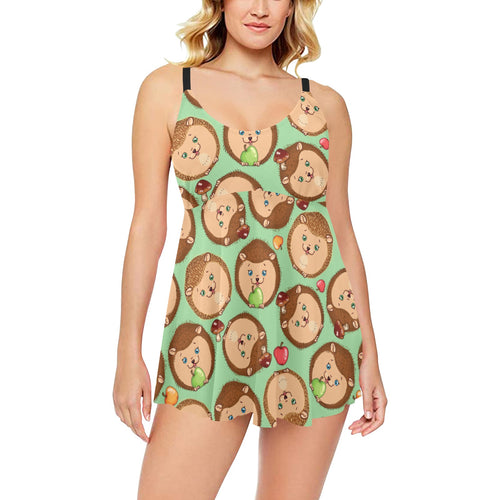 Hedgehog Pattern Print Design 01 Chest Sexy Pleated Two Piece Swim Dress