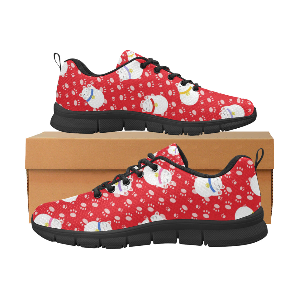 Meneki Neko Lucky Cat Pattern Red Background Men's Sneakers Black