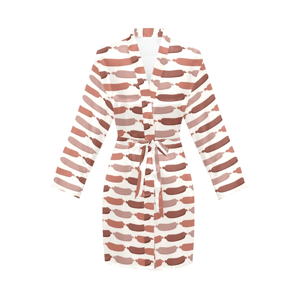 Sausage Pattern Print Design 02 Women's Long Sleeve Belted Night Robe