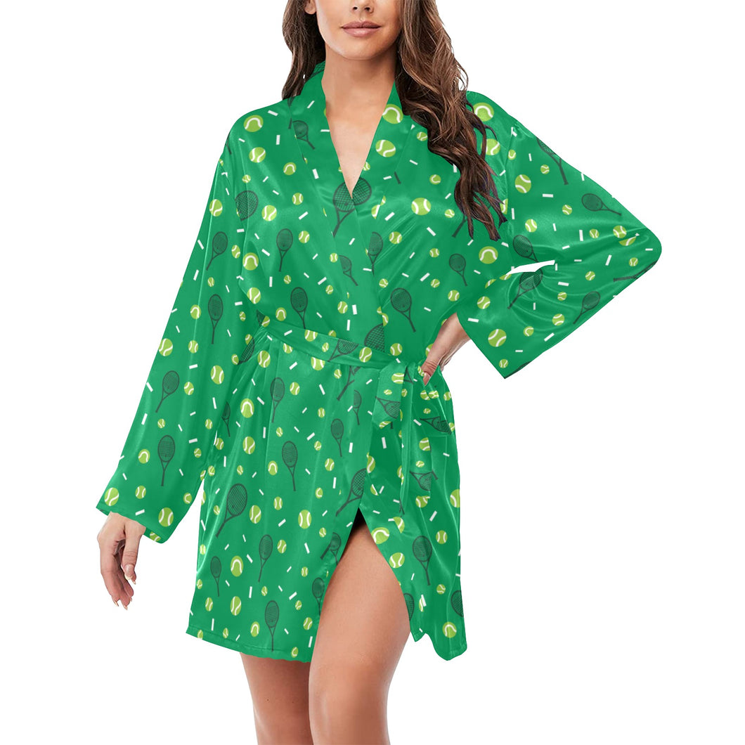 Tennis Pattern Print Design 03 Women's Long Sleeve Belted Night Robe