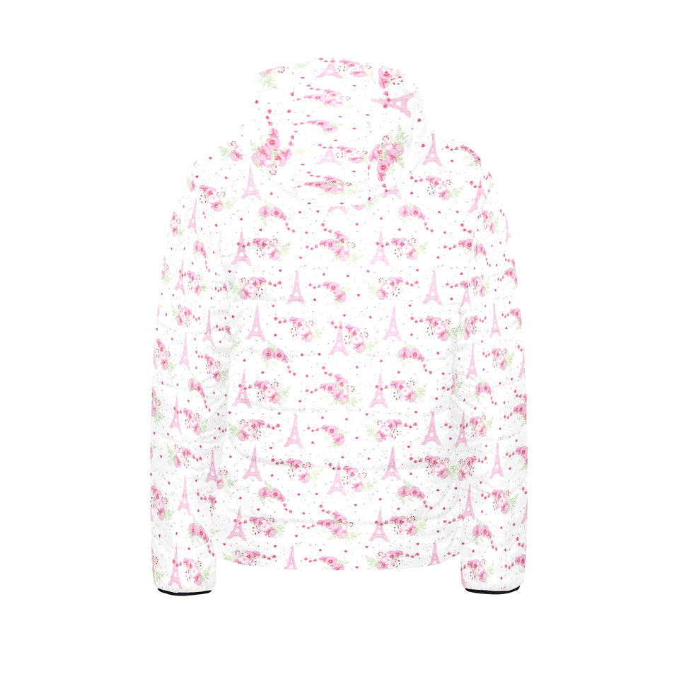 Eiffel Tower Pink Theme Pattern Print Design 05 Kids' Boys' Girls' Padded Hooded Jacket