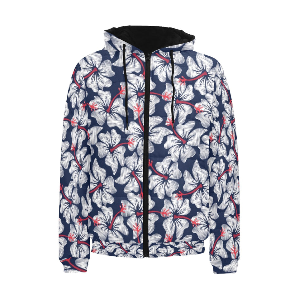 Hibiscus Pattern Print Design 02 Men's Padded Hooded Jacket(ModelH42)