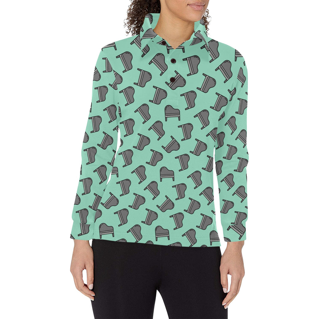 Piano Pattern Print Design 04 Women's Long Sleeve Polo Shirt