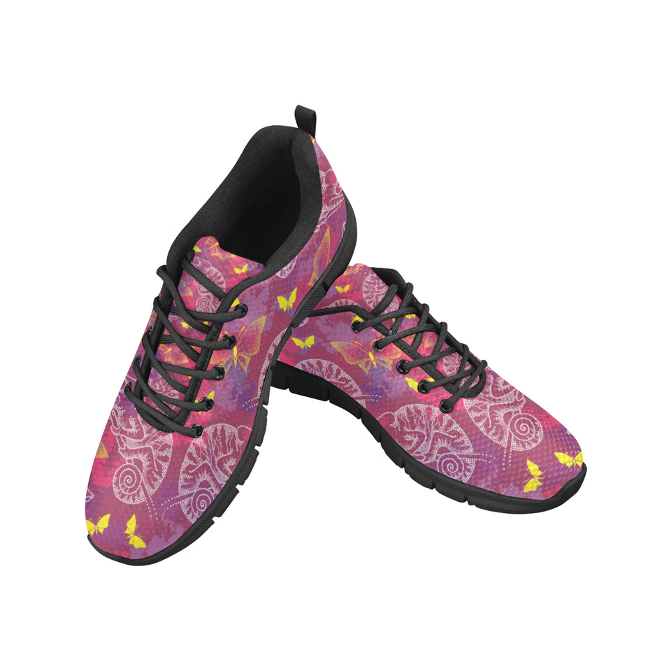 Pink Chameleon Lizard Butterfly Pattern Men's Sneakers Black