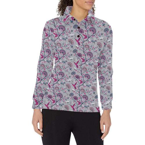 Hummingbird Pattern Print Design 04 Women's Long Sleeve Polo Shirt