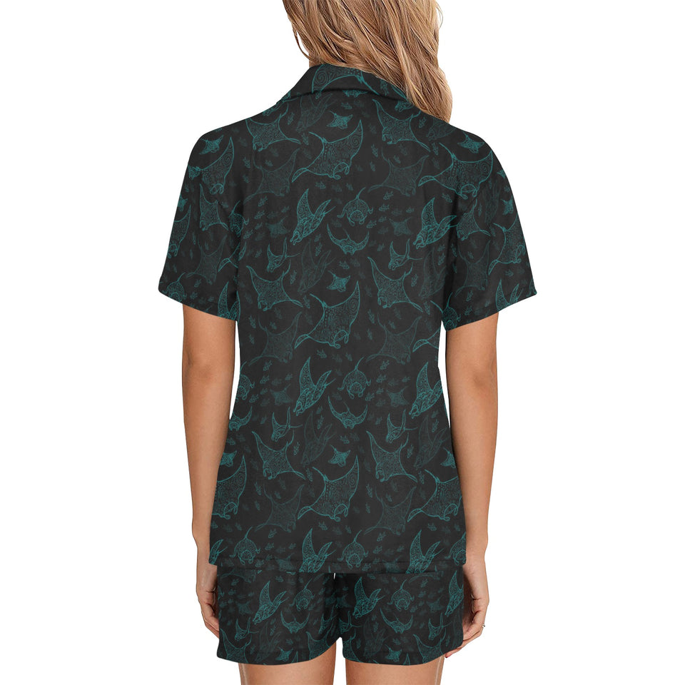 Stingray Pattern Print Design 02 Women's V-Neck Short Pajama Set