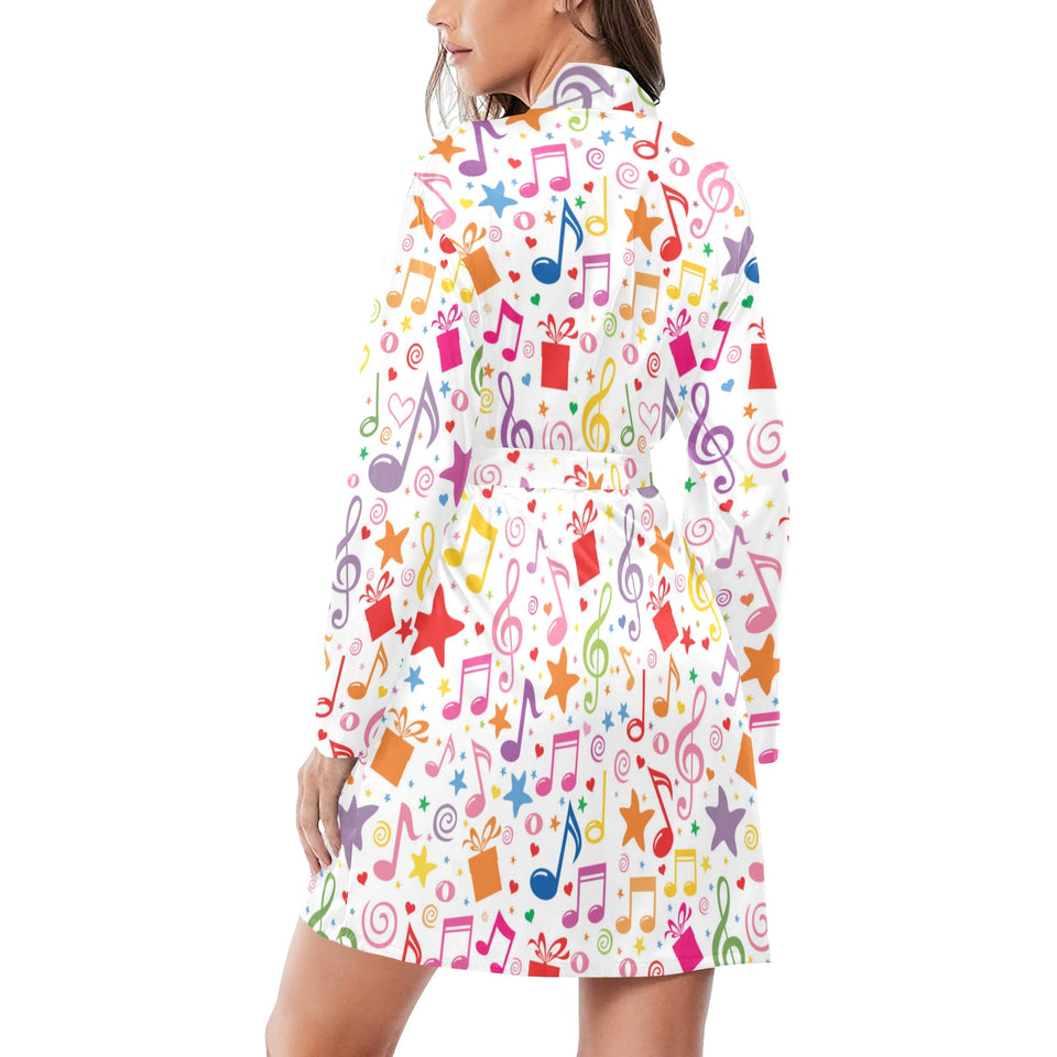 Music Notes Pattern Print Design 04 Women's Long Sleeve Belted Night Robe