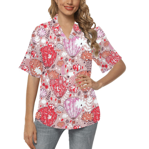 Red Pink Hot Air Balloon Pattern Women's All Over Print Hawaiian Shirt