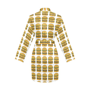 Hamburger Pattern Print Design 05 Women's Long Sleeve Belted Night Robe