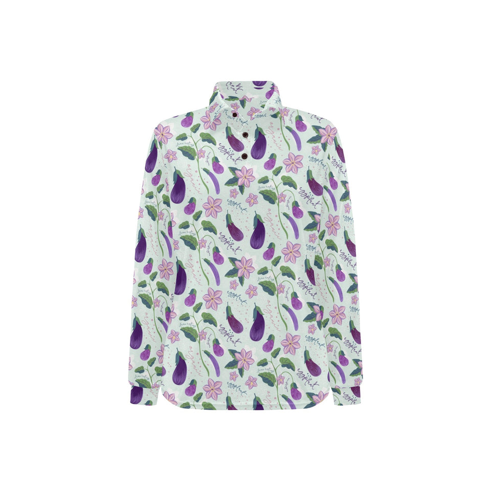 Eggplant Pattern Print Design 03 Women's Long Sleeve Polo Shirt