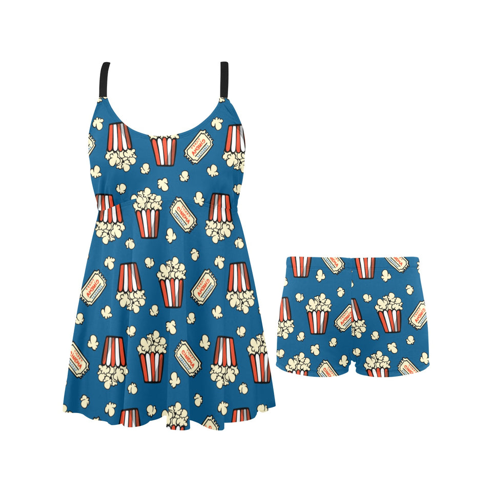 Popcorn Pattern Print Design 03 Chest Sexy Pleated Two Piece Swim Dress