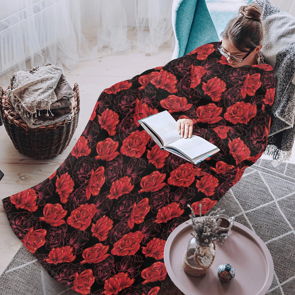 Rose Pattern Print Design 01 Blanket Robe with Sleeves