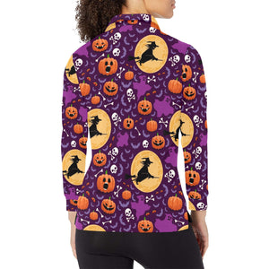 Halloween Pumpkin Witch Pattern Women's Long Sleeve Polo Shirt