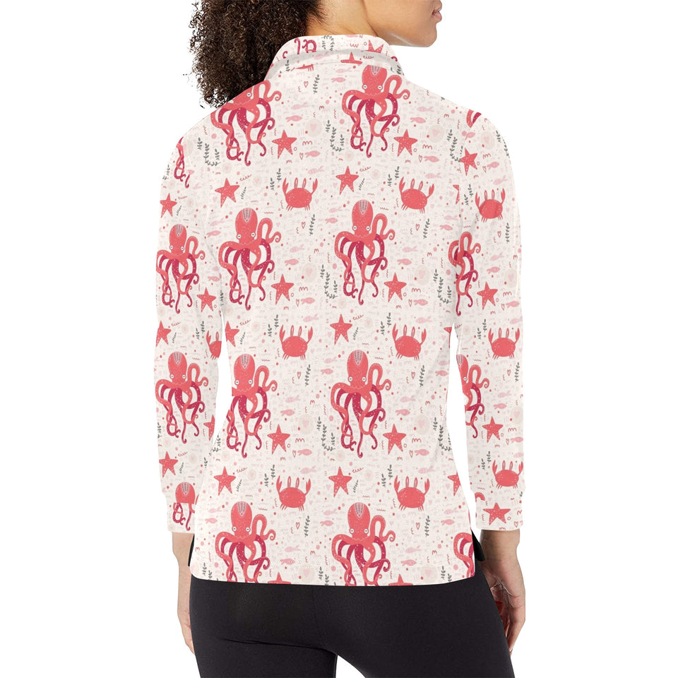 Octopus Crab Starfish Pattern Women's Long Sleeve Polo Shirt