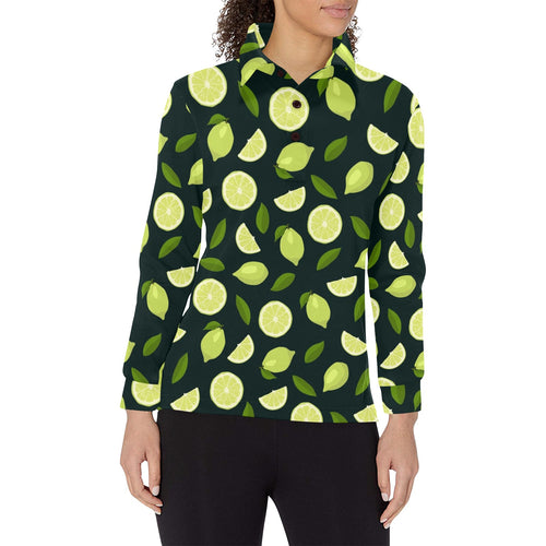 Lime Leaves Pattern Women's Long Sleeve Polo Shirt