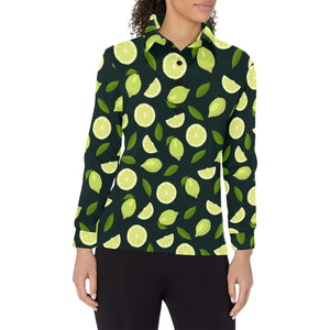 Lime Leaves Pattern Women's Long Sleeve Polo Shirt