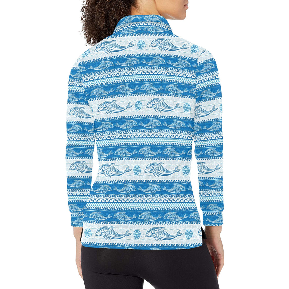 Dolphin Tribal Pattern background Women's Long Sleeve Polo Shirt