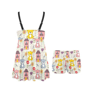 Teddy Bear Pattern Print Design 04 Chest Sexy Pleated Two Piece Swim Dress