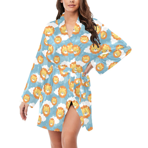 Lion Pattern Print Design 05 Women's Long Sleeve Belted Night Robe