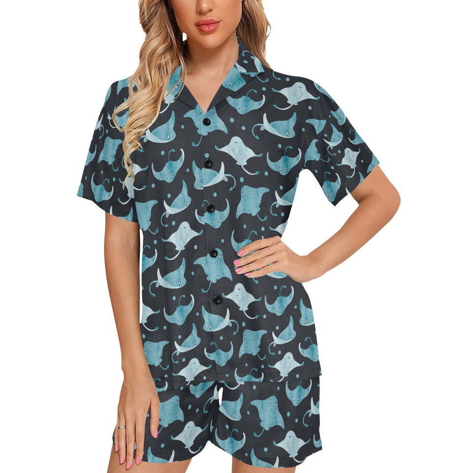 Stingray Pattern Print Design 04 Women's V-Neck Short Pajama Set