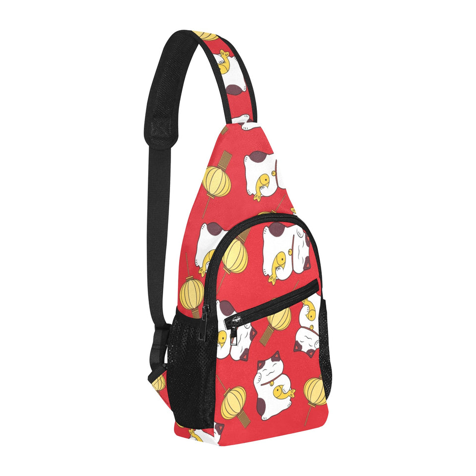 Meneki Neko Lucky Cat Pattern Red Theme All Over Print Chest Bag
