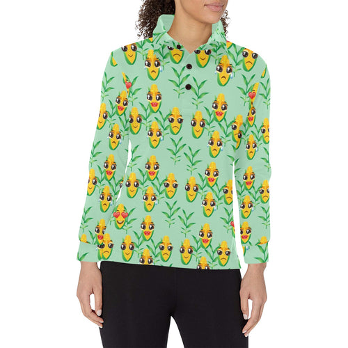 Corn Pattern Print Design 05 Women's Long Sleeve Polo Shirt