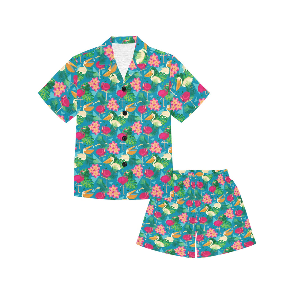 Pelican Pattern Print Design 03 Kids' Boys' Girls' V-Neck Short Pajama Set