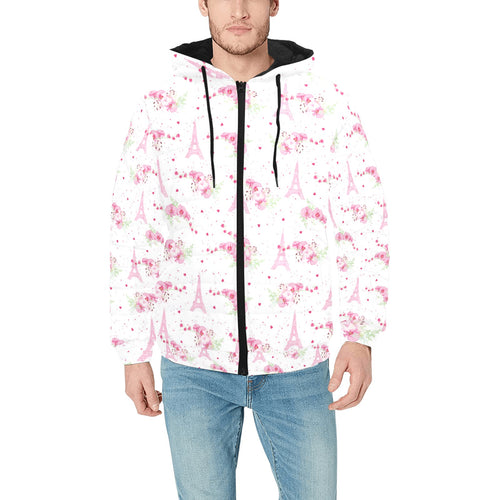 Eiffel Tower Pink Theme Pattern Print Design 05 Men's Padded Hooded Jacket(ModelH42)