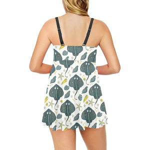 Stingray Pattern Print Design 03 Chest Sexy Pleated Two Piece Swim Dress