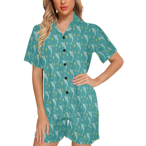 Swordfish Pattern Print Design 04 Women's V-Neck Short Pajama Set