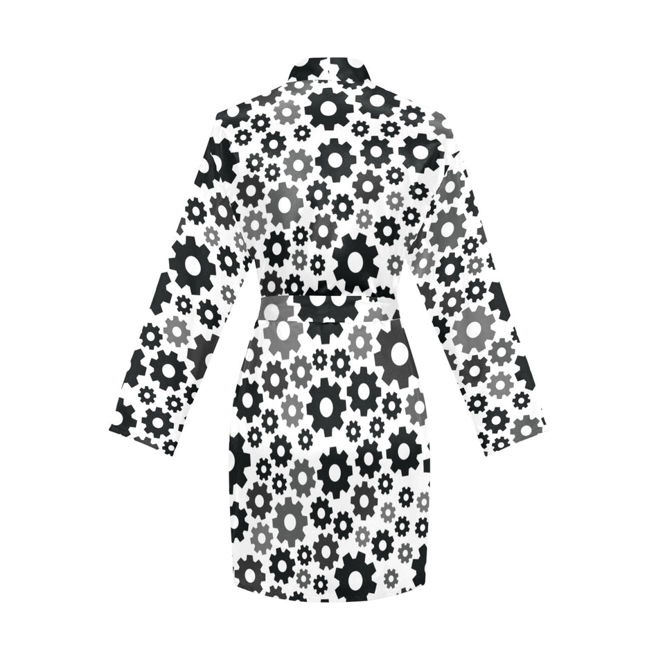 Gear Pattern Print Design 01 Women's Long Sleeve Belted Night Robe