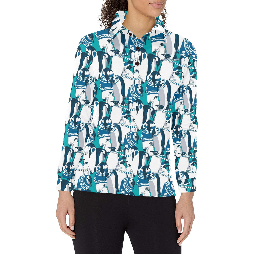 Penguin Pattern Women's Long Sleeve Polo Shirt