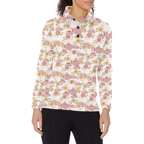 Tea pots Pattern Print Design 01 Women's Long Sleeve Polo Shirt