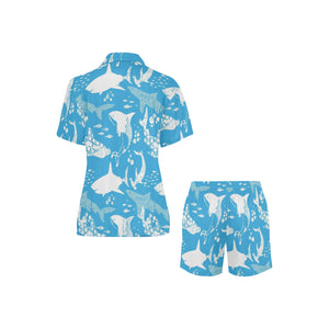 Shark Pattern Blue Theme Women's V-Neck Short Pajama Set