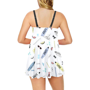 Surfboard Pattern Print Design 01 Chest Sexy Pleated Two Piece Swim Dress