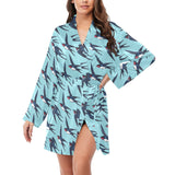 Swallow Pattern Print Design 01 Women's Long Sleeve Belted Night Robe