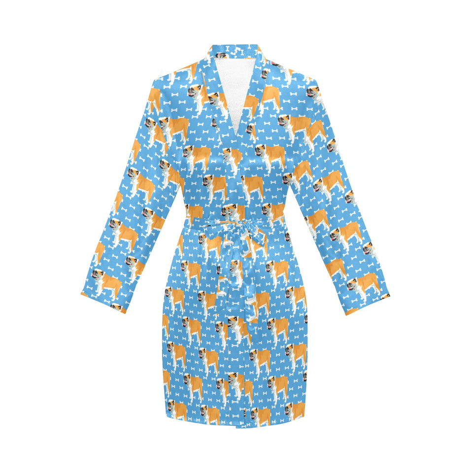 English Bulldog Pattern Print Design 04 Women's Long Sleeve Belted Night Robe