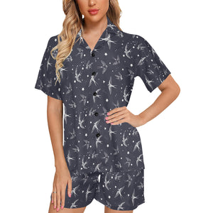 Swallow Pattern Print Design 02 Women's V-Neck Short Pajama Set