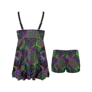 Sea Turtle Pattern Chest Sexy Pleated Two Piece Swim Dress